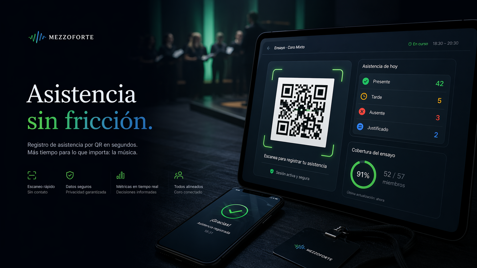 Composición editorial de control de asistencia con QR y panel de métricas